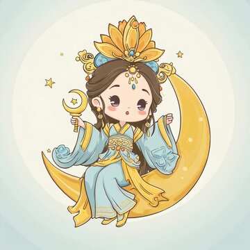 Cute Chinese moon goddess cartoon character on a crescent moon