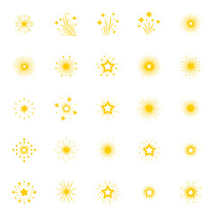 Collection of twenty five bright yellow starbursts and light flares on a clean white background © Pixel Pulse