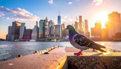 A pigeon perched on a wall with a city skyline background and a bright sunset glow