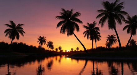 Fototapeta premium Serene Tropical Sunset Over Calm Water Reflecting Palm Trees and Lush Vegetation in a Dreamy Haze