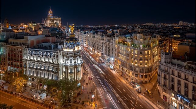 Illuminated gran v&iacute;a street with blurring car light tails leading through the heart of madrid