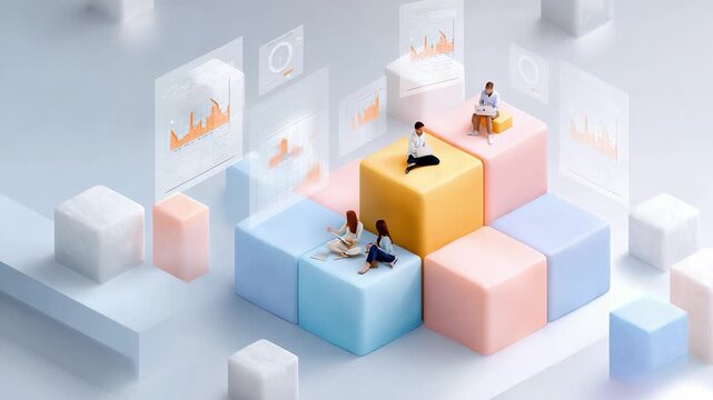 A modern digital workspace showcasing a diverse group of individuals engaging with technology and data analysis, surrounded by colorful geometric blocks and informative screens.