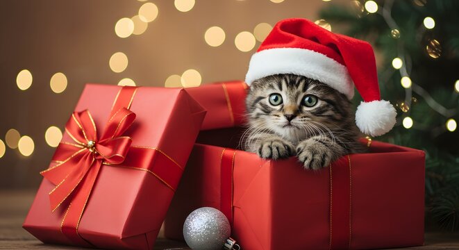 A cute kitten wearing a holiday hat peeks out of a red gift box with a bow