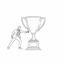Line art illustration of a businessman pushing a giant trophy.