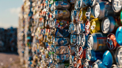 A massive wall and stack of colorful, crushed aluminum cans collected at a recycling facility, ready for processing.