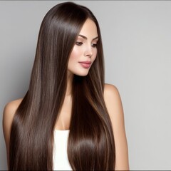 Fototapeta premium A beautiful woman with long straight brown hair that has a smooth and glossy texture, showcasing a well-groomed hairstyle.