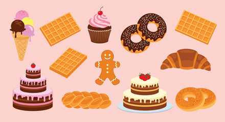 A collection of sweet treats and baked goods presented on a pink background.