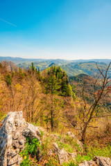 Hiking to peak Tri Koruny or Trzy Korony during day. Pieniny National park in Poland. View from the lookout at the top © Zedspider