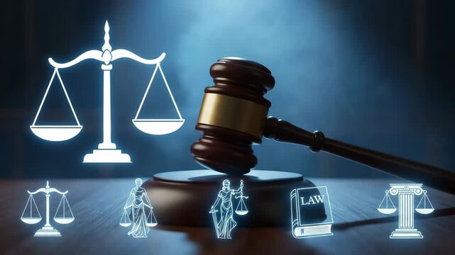 Gavel and law symbols on a wooden table surface