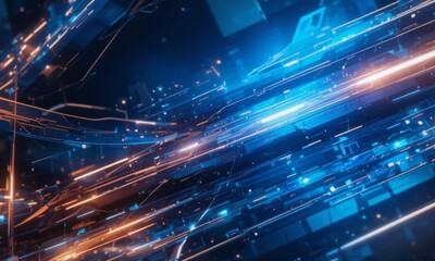 Abstract 3D futuristic background with metallic blue tones, glowing neon lights, and digital circuit lines. Perfect for technology, innovation, cyberspace, data network, digital transformation, or sci