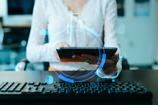 Business hands use internet technology to study on laptop and tablets  digital marketing create content on social media with media video chat in office