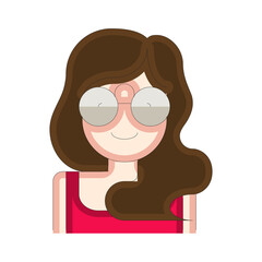 Pixel Art Portrait of a Woman with Long Brown Hair Wearing Oversized Round Glasses and a Red Tank Top Against a White Background