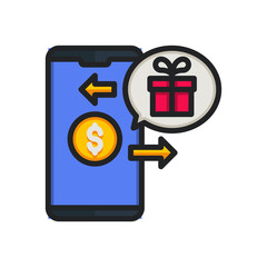 Pixel Art Mobile Phone Displaying Coin Transaction with Gift Notification and Arrows on Transparent Background