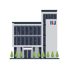 Pixel Art Modern Office Building With Trees and Clear Blue Sky Corporate Architecture Finance Business Headquarters