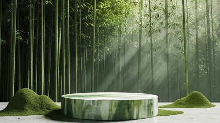 Circular green display platform sits in a digitally rendered bamboo forest