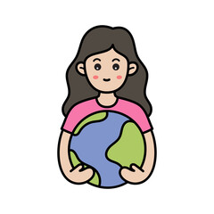 Pixel Art of A Young Woman Wearing a Pink Shirt Holding A Globe Representing Earth With Green Continents and Blue Oceans On A Transparent Background