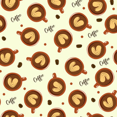 Pixel Art Pattern of Coffee Cups with Latte Art and Coffee Beans on a Light Yellow Background Featuring Handwritten Coffee Text and a Transparent Background