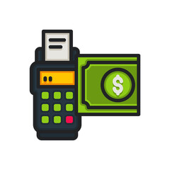 Pixel Art Payment Terminal with Dollar Bill and Receipt Paper Isolated on White Background for Digital Transactions and Finance Concepts