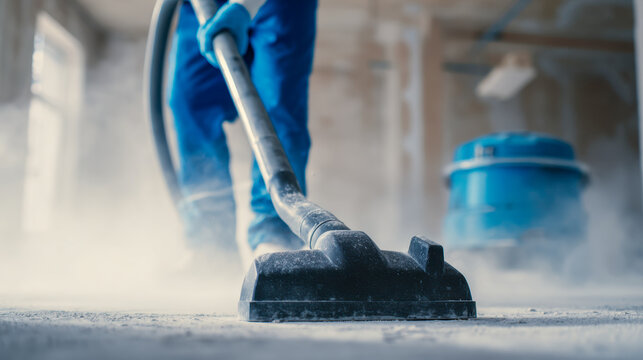 Worker using industrial vacuum cleaner to remove fine dust from construction site floor during renovation or building cleaning process