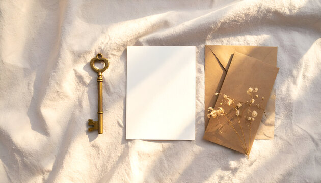 Vintage key rests beside blank card and brown envelope on textured white fabric, creating a minimalist and nostalgic still life composition.
