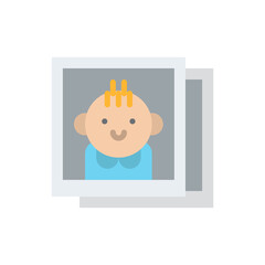 Pixel Art Portrait of a Smiling Baby Boy in a Blue Shirt with Yellow Hair in Two Stacked Photo Frames on a Gray Background Simple Flat Design with Transparent Background Elements