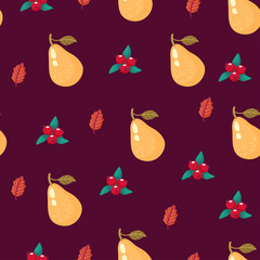 Pixel Art Pattern Featuring Yellow Pears Red Berries and Orange Leaves on a Deep Purple Background Seamless Repeating Textile Design for Autumnal Themes