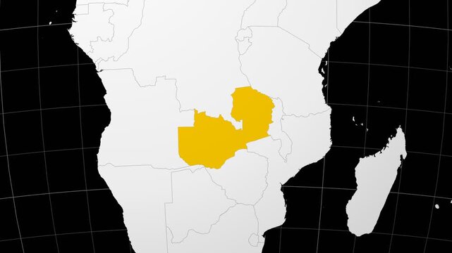 Zambia map. Animated zoom into the country on the Globe in Black White color palette. Country logo animation. Map with meridians, parallels. Modern video.