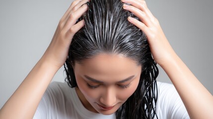 Naklejka premium A woman with wet hair is massaging her scalp, likely for maintaining hair health and cleanliness.