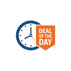 A graphic illustration featuring a blue clock icon next to an orange banner displaying 'DEAL OF THE DAY' text, symbolizing a limited-time offer or daily special promotion.