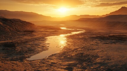 Sunset casts its vibrant colors over the winding river, creating an absolutely stunning view in an enchanting landscape. This picturesque scene is perfect for nature lovers and adventure seekers alike