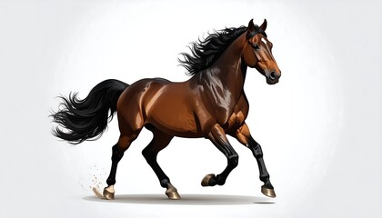 Obraz premium A digitally painted brown horse with a flowing black mane and tail running on a white background