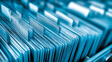 Organized rows of blue file folders with blank tabs in a filing cabinet ready for categorizing documents and office paperwork system management