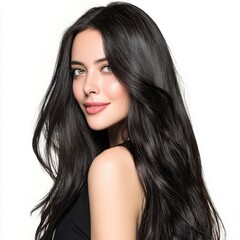 Naklejka premium A woman with long black wavy hair showing smooth skin, presenting an elegant and charming appearance.