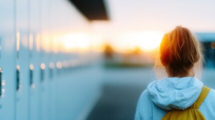A teenage girl approaches school lockers during sunset. She wears a hoodie and has a backpack, enjoying her time in a school environment filled with warmth and opportunity