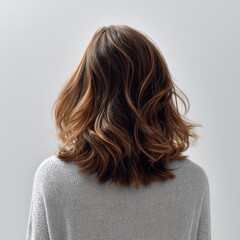 Fototapeta premium Rear view shows a person with wavy brown hair wearing a gray sweater, highlighting the hair's texture and the sweater's color.