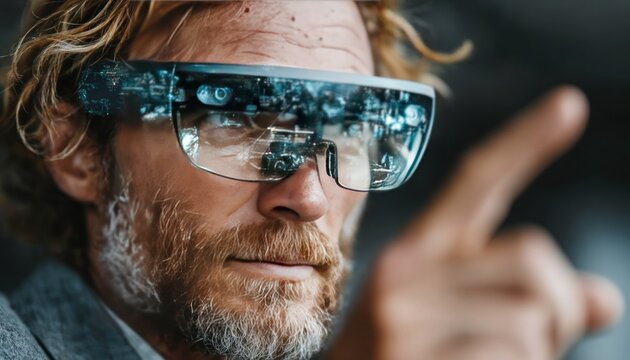 Business consultant using augmented reality to showcase business models - Powered by Adobe