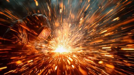 Skilled welder in protective gear creating a dramatic burst of bright sparks while working in a dark industrial environment with intense metal fusion activity
