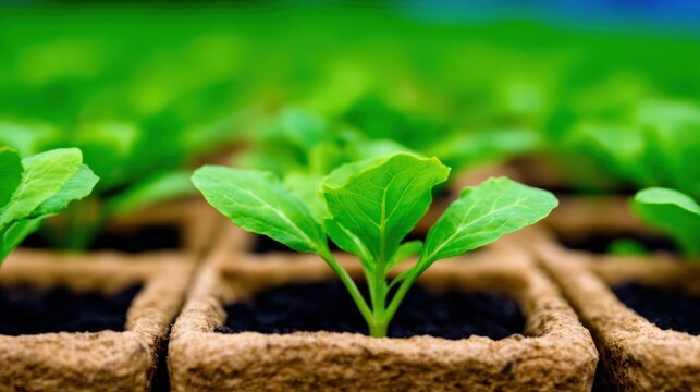 Healthy green seedlings emerge in a brown planting tray filled with soil, showcasing their growth in a nurturing environment. Ideal for gardening enthusiasts and plant lovers - Powered by Adobe