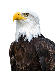 A regal portrait features a close-up of a bald eagle against a pure white backdrop