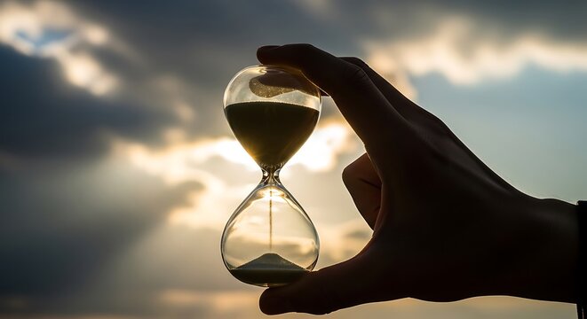 Hand Holding Hourglass with Sand Flowing Against Dramatic Sky during Sunset Concept of Time Passing and Urgency