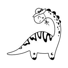Black and white dinosaur girl clipart, cute isolated jurassic character doodle. Vector illustration