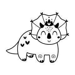 Cute black and white dinosaur triceratops clipart. Cartoon dino girl character doodle. Vector illustration