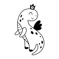 Cartoon dinosaur princess clipart. Cute black and white dino girl character doodle. Vector illustration