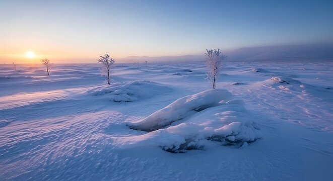 Winter Landscape Sunset Snow Covered Trees Cold Weather Nordic Nature Idyllic Scene Frozen Terrain