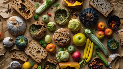 Fototapeta premium Flatlay of Decomposing Food Waste, Bread, and Produce on Paper