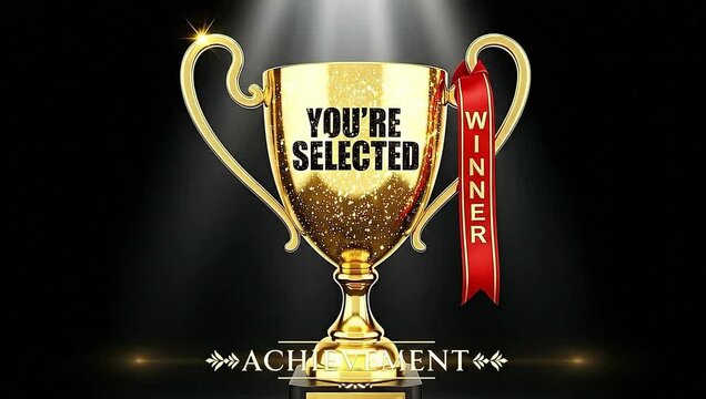 Golden trophy with text youre selected winner and achievement below