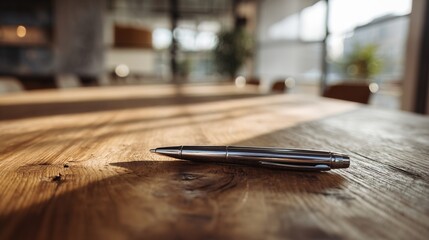 A single pen lying on a wooden desk with blurred background, professional workspace vibe.