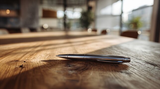 A single pen lying on a wooden desk with blurred background, professional workspace vibe.