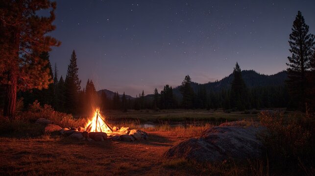 Wilderness campsite at dusk with a glowing fire under a starry night sky, evoking outdoor adventure. - Powered by Adobe