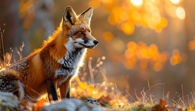 A regal red fox in a sun-drenched forest, bathed in golden light amidst vibrant autumn foliage